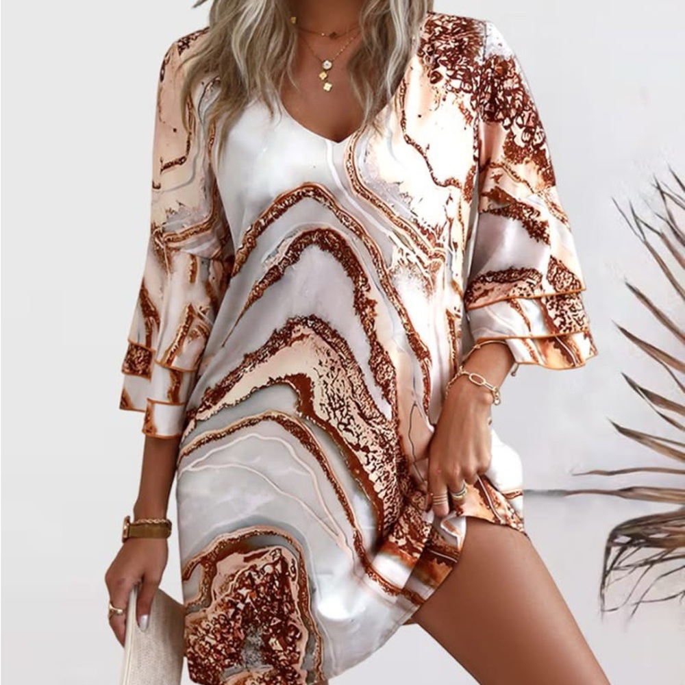 Boutique Marble Print Pink & Gold Easy shift dress with ruffle sleeve sz L